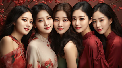 Fototapeta premium Smiling vogue Asian girls with Chinese traditional clothing, Chinese New Year background