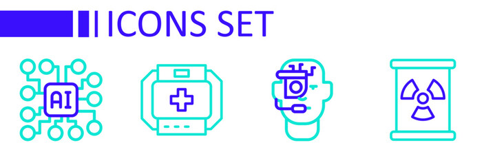 Set line Radioactive waste in barrel, Smart glasses on spectacles, First aid kit and Neural network icon. Vector