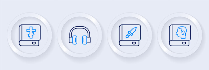 Set line Law book, Book about weapon, Headphones and Holy bible icon. Vector