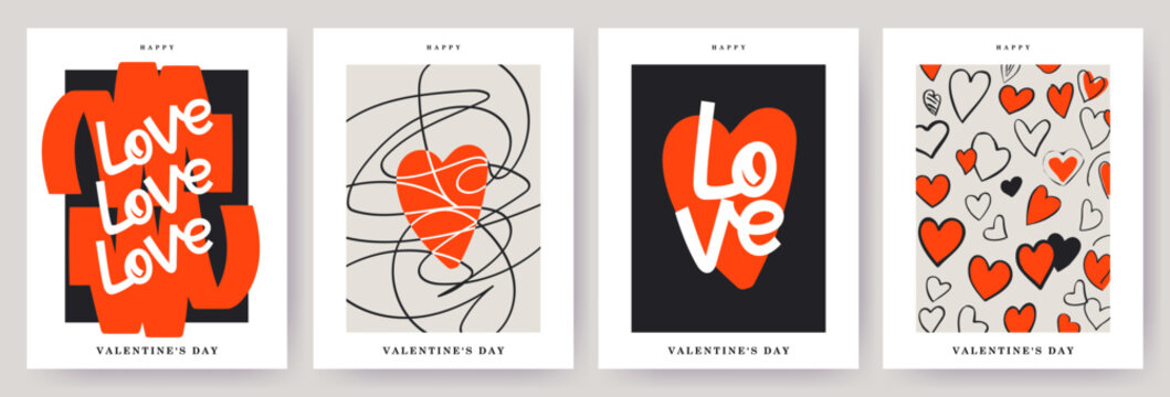 Naklejki Creative concept of Happy Valentines Day card set. Modern abstract design with hearts, doodles, line arts and modern typography.Template for ads, branding, banner, cover, label, poster print