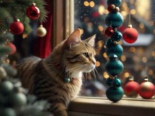 A cat looking out a window at christmas ornaments.