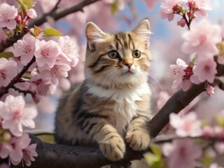 Cute cat on blossoming tree outdoors