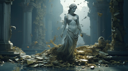 a sculpture of a woman among ruins. Sculpture, fantasy. © Jacques Evangelista