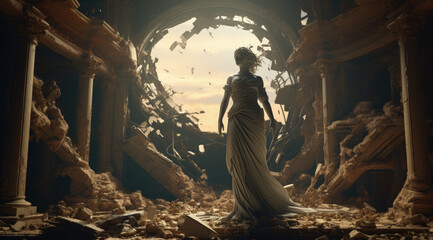 a sculpture of a woman among ruins. Sculpture, fantasy.