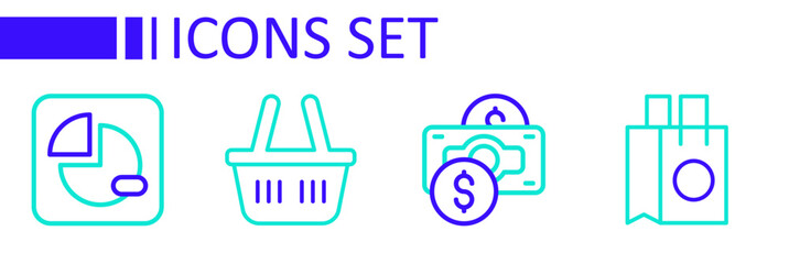 Set line Paper shopping bag, Stacks paper money cash, Shopping basket and Pie chart infographic icon. Vector