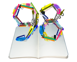 The shape of the number 98 is made of various kinds of stationery isolated on transparent background