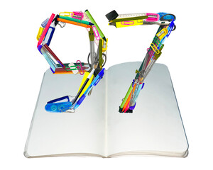 The shape of the number 97 is made of various kinds of stationery isolated on transparent background