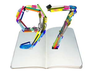 The shape of the number 97 is made of various kinds of stationery isolated on transparent background