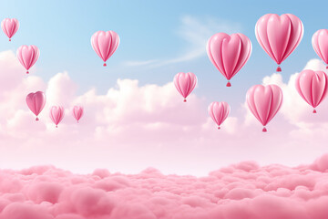 Pink heart-shaped balloons flying in the sky - obrazy, fototapety, plakaty