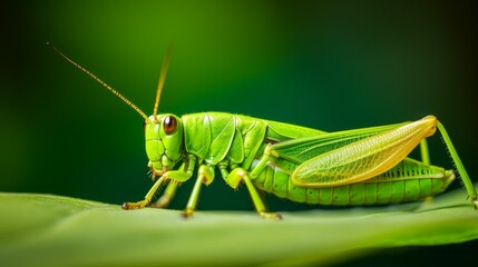 a close up of a green grasshopper on a leaf