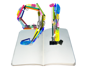 The shape of the number 91 is made of various kinds of stationery isolated on transparent background