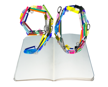 The shape of the number 90 is made of various kinds of stationery isolated on transparent background