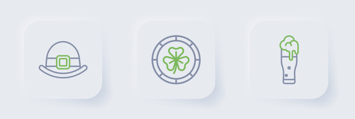 Set line Glass of beer, Golden leprechaun coin and Leprechaun hat icon. Vector