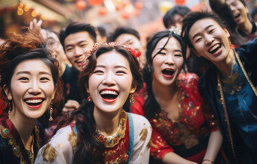 Happy Asian people with Chinese traditional clothing in Chinese new year street