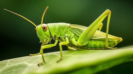 Fototapeta premium a close up of a green grasshopper on a leaf