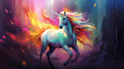 Painting of a beautiful unicorn with rainbow hair