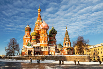 Pokrovsky Cathedral on a sunny winter day from Vasilevsky Descent. Moscow, Russia