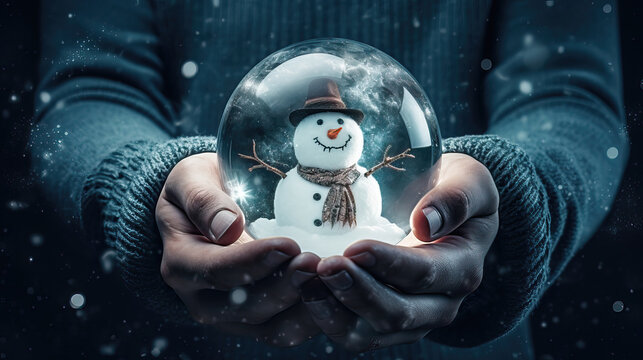 Closeup of hands holding a glass ball with snowman