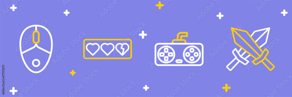 Aufkleber set line sword for game, game controller joystick, life bar and computer mouse icon. vector