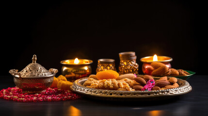 Beautiful background for Diwali festival of lights with flowers and delicacy