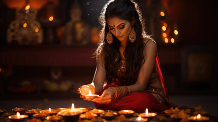 Beautiful background for Diwali festival of lights with flowers and goodies with Indian woman