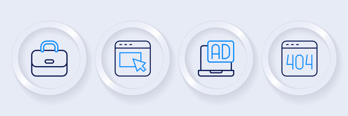 Set line Page with a 404 error, Advertising, and Briefcase icon. Vector