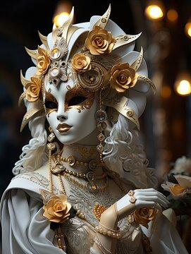 Venetian carnival mask, highly detailed with luminescent opals, gold and silver, venetian style