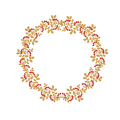 Christmas wreath with holly berries, mistletoe, pine and spruce branches, rowan berries. Merry Christmas and Happy New Year. Vector EPS10