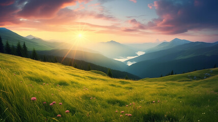Fototapeta premium Mountain valley during sunrise natural summer fresh green spring meadows Landscape.
