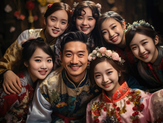 Fototapeta premium Happy Asian people with Chinese traditional clothing in Chinese new year street