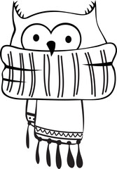 Cute owl wearing winter scarf, cartoon flat illustration in black and white. Adorable childish character of wild animal in nordic hand drawn style. SVG