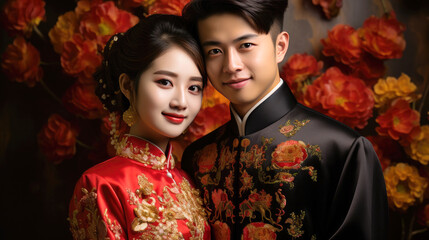 Happy young Asian couple with Chinese traditional clothing in flower background