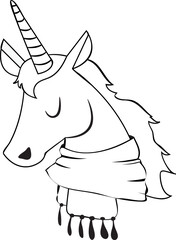 magical winter unicorn wearing a scarf. hand drawn black and white sticker. merry christmas and happy new year. Coloring book page for kids. Cartoon style character. coloring page in SVG - 677173626