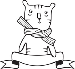 black and white tiger wearing winter scarf, cartoon flat illustration. Adorable childish character of wild animal. cartoon hand draw illustration. coloring page. SVG