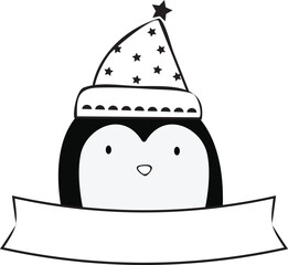 Cute holiday penguins. Christmas hand drawn penguins, xmas holiday winter penguin characters. Vector cartoon hand draw illustration. coloring page. SVG