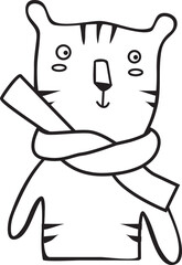 Fototapeta premium black and white tiger wearing winter scarf, cartoon flat illustration. Adorable childish character of wild animal. coloring page in SVG