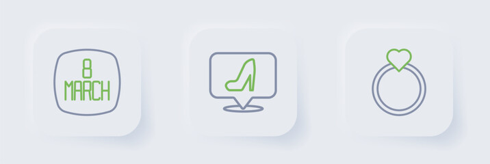 Set line Diamond engagement ring, Woman shoe and 8 March icon. Vector