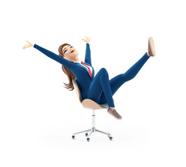 3d successful cartoon businesswoman in office chair