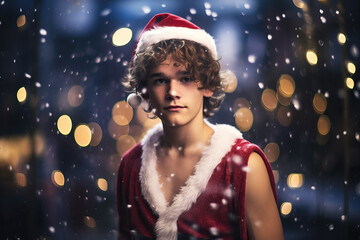 portrait of young man dressed as Santa in the snow