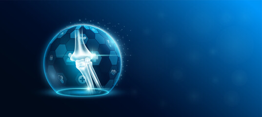 Elbow joint bone human organ inside transparent dome shield protection futuristic with medical icon. Technology innovation health care. Empty space for text. Medical science ads banner. Vector. © Adisak
