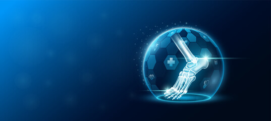 Ankle joint bone human organ inside transparent dome shield protection futuristic with medical icon. Technology innovation health care. Empty space for text. Medical science ads website. Vector.