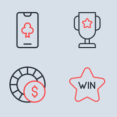 Set line Casino poker trophy cup, chips, win and Online table game icon. Vector