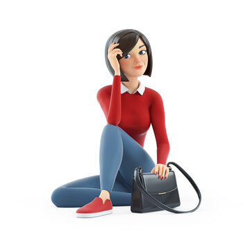 3d casual girl sitting on floor with handbag