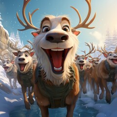 group of horned cartoon reindeer prancing through the snow, smiling on a clear winters day, generative ai