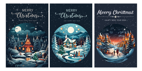 Fototapeta premium Christmas card set, Merry Christmas and Happy New Year, generative AI.