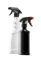 Two blank plastic sprayer detergent trigger bottles isolated. Transparent PNG image.