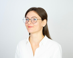 Smiling Woman with eyeglasses professional profile picture avatar on white background