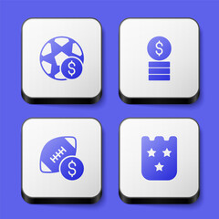 Set Football betting money, Casino chip with dollar, American football and Lottery ticket icon. White square button. Vector