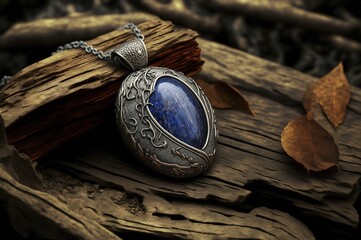 Fantasy elven silver necklace pendant with dark blue lapis lazuli cabochon gem, precious and sacred heirloom elfish jewelry. - obrazy, fototapety, plakaty