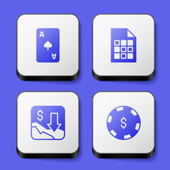 Set Playing card with spades symbol, Lottery ticket, Financial growth decrease and Casino chip dollar icon. White square button. Vector